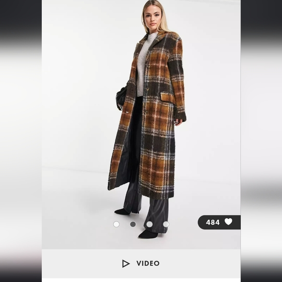 ASOS DESIGN Tall dad wool mix coat in brushed check in brown - Picture 2 of 4